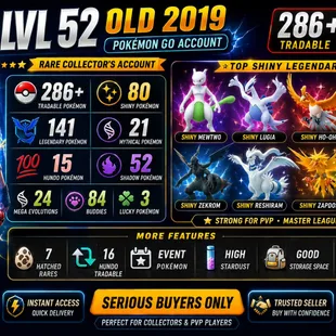 🎯OLD ACCT 2019 PG LVL 52 | SHINY MEWTWO LUGIA HO-OH 🐓| 80 SHINY | 141 LEGENDARY | 286 TRADABLE | 15 HUNDO |  RARE ACCT - Image 1