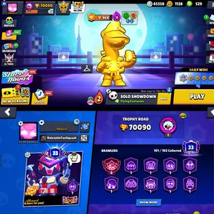Trophy 70k💎Gems 529💎101x Brawler [] Max 46x [] Hyper 46x [] Total Skins 377x [] Player Icones 476x [] NC-Yes [] Best-D - Image 1