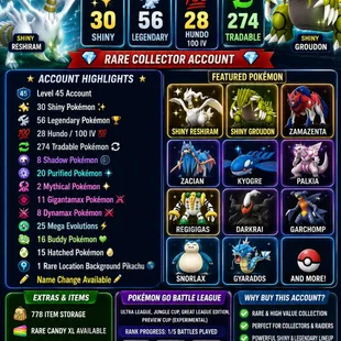 🎯NW STOCK LVL 45 | SHINY RESHIRAM & GROUDON💯 / 274 TRADABLE  | 28 HUNDO  | 30 SHINY  | 56 LEGENDARY / RARE COLLECTOR - Image 1