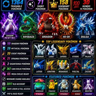 🎯HIGH DEMAND 2017 ACCT | LEVEL 65 🐓 SHINY MEWTWO & GROUDON | 1364 TRADABLES | 158 LEGENDARIES | 30 HUNDO IV | RARE  - Image 1